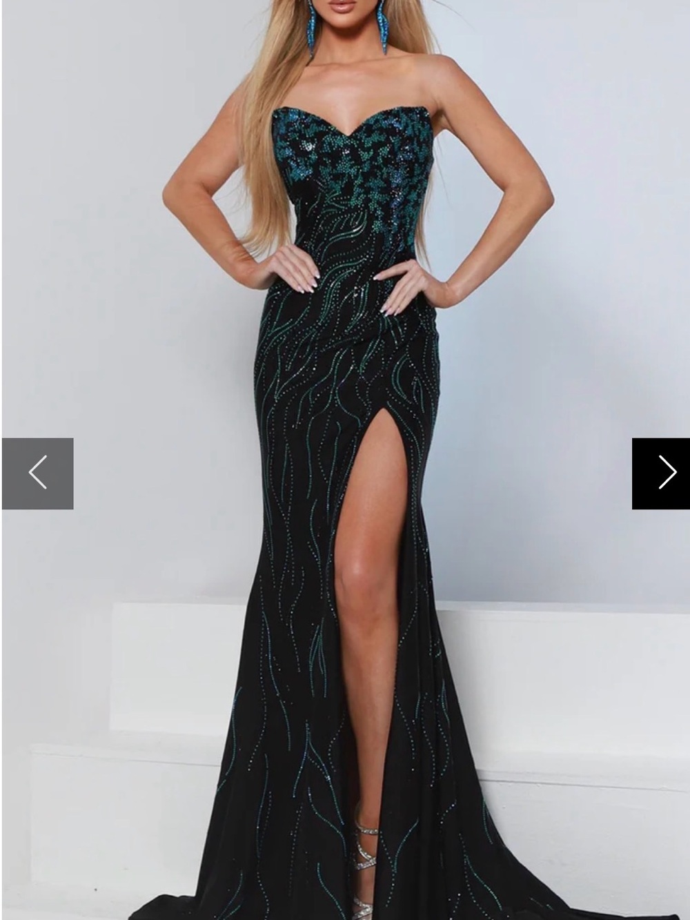 Strapless Black Evening Gown with Teal Embellishment
